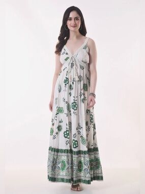 26403 White and Green Boho Floral Maxi Dress with Tie Front